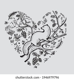 heart of the forest. Branches, herbs, leaves forming heart. Vector illustration for card