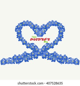 Heart of forget-me flowers with an inscription Happy Mothers Day on a white background. Happy Mothers Day concept background.  Vector illustration.