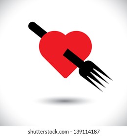 heart and fork icon showing love of food- vector graphic. The illustration represents signs and symbols for hotels, restaurants, food blogs, websites, etc