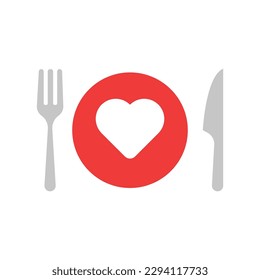 corazón con tenedor y cuchillo como icono gourmet. moda de dibujos planos cafetería o elemento de diseño de promociones abstractas simple con logotipo de brunch. concepto de gastronomía sencilla o de lugar agradable para cenar