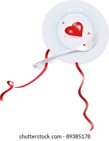 Heart and fork lying on the plate on white background with two red ribbons