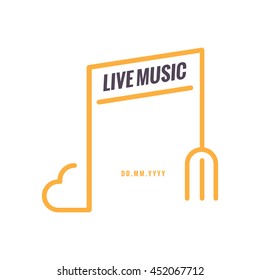 heart and fork making a musical note icon. Poster, banner for 'music festival'. Food and music. romantic songs. 'live music' phrase. Vector illustration.