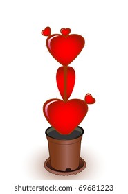 Heart to the form of a cactus with prickles and small hearts in a flowerpot
