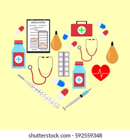 Heart form with medicine icons. Health and care, healthcare and clinic. Vector illustration