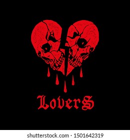 Heart in the form of two skulls with the inscription "lovers". T-shirt design. Vector.