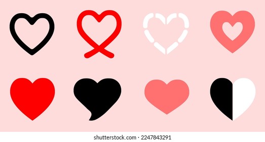 Kollektion zur Illustration im Herzen, Herzensatz in verschiedenen Typen, Liebessymbol-Vektorgrafik. Es gibt rote, rosa, schwarz-weiße Herzen.