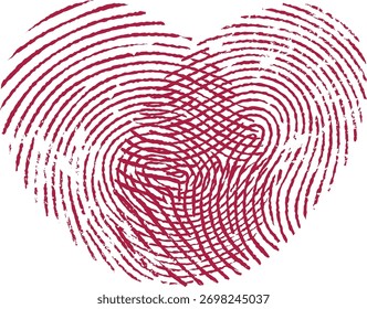 Um coração formado por linhas de impressão digital sobrepostas em um estilo detalhado. O padrão intrincado cria uma forma cardíaca única usando texturas de impressão digital. Ilustração de vetor de desenhos animados.