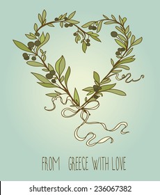 heart formed olive twigs, Greek wreath, travel banner, vector illustration