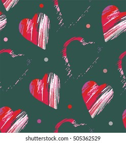 Heart formed strokes in white and red color a seamless pattern on a green background.