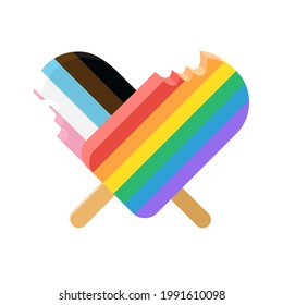 Heart formed two popsicles. Rainbow Pride colors ice cream. LGBTQ Trans rights and equality concept, vector illustration. 