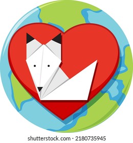 Heart and fox origami on globe white background illustration