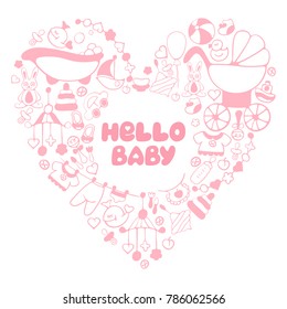 Heart frame with baby shower elements. Hello baby. Suitable for invitation card or flyer