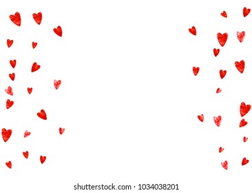 Heart frame background with gold glitter hearts. Valentines day. Vector confetti. Hand drawn texture.