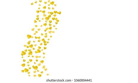 Heart frame background with gold glitter. Valentines day. Vector confetti. Hand drawn texture. Love theme for gift coupons, vouchers, ads, events. Wedding and bridal template with heart frame.