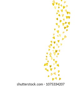 Heart frame background with gold glitter. Valentines day. Vector confetti. Hand drawn texture. Love theme for poster, gift certificate, banner. Wedding and bridal template with heart frame.