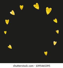 Heart frame background with gold glitter. Valentines day. Vector confetti. Hand drawn texture. Love theme for flyer, special business offer, promo. Wedding and bridal template with heart frame.