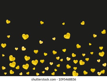 Heart frame background with gold glitter. Valentines day. Vector confetti. Hand drawn texture. Love theme for poster, gift certificate, banner. Wedding and bridal template with heart frame.