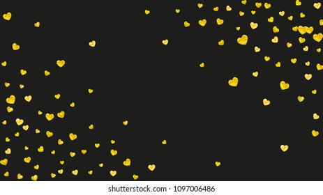 Heart frame background with gold glitter. Valentines day. Vector confetti. Hand drawn texture. Love theme for poster, gift certificate, banner. Wedding and bridal template with heart frame.