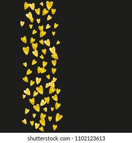 Heart frame background with gold glitter. Valentines day. Vector confetti. Hand drawn texture. Love theme for poster, gift certificate, banner. Wedding and bridal template with heart frame.