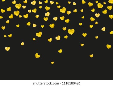 Heart frame background with gold glitter. Valentines day. Vector confetti. Hand drawn texture. Love theme for poster, gift certificate, banner. Wedding and bridal template with heart frame.