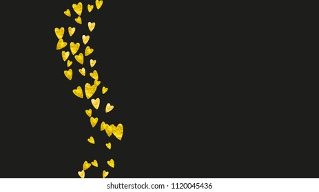 Heart frame background with gold glitter. Valentines day. Vector confetti. Hand drawn texture. Love theme for gift coupons, vouchers, ads, events. Wedding and bridal template with heart frame.