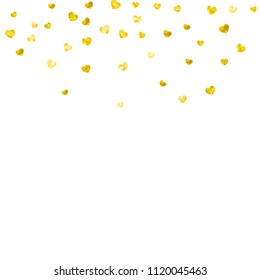 Heart frame background with gold glitter. Valentines day. Vector confetti. Hand drawn texture. Love theme for poster, gift certificate, banner. Wedding and bridal template with heart frame.