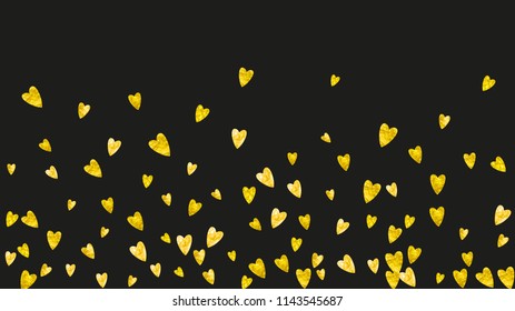 Heart frame background with gold glitter. Valentines day. Vector confetti. Hand drawn texture. Love theme for voucher, special business banner. Wedding and bridal template with heart frame.