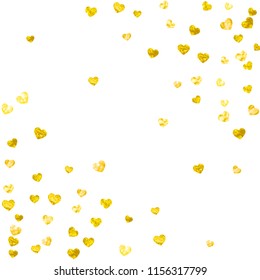 Heart frame background with gold glitter. Valentines day. Vector confetti. Hand drawn texture. Love theme for gift coupons, vouchers, ads, events. Wedding and bridal template with heart frame.
