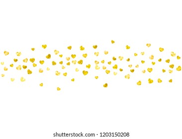 Heart frame background with gold glitter. Valentines day. Vector confetti. Hand drawn texture. Love theme for poster, gift certificate, banner. Wedding and bridal template with heart frame.