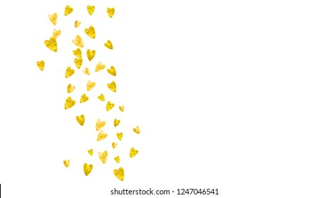 Heart frame background with gold glitter. Valentines day. Vector confetti. Hand drawn texture. Love theme for poster, gift certificate, banner. Wedding and bridal template with heart frame.