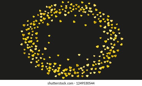 Heart frame background with gold glitter. Valentines day. Vector confetti. Hand drawn texture. Love theme for gift coupons, vouchers, ads, events. Wedding and bridal template with heart frame.