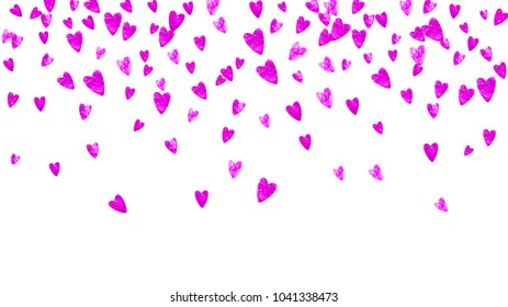 Heart frame background with pink glitter. Valentines day. Vector confetti. Hand drawn texture. Love theme for gift coupons, vouchers, ads, events. Wedding and bridal template with heart frame.