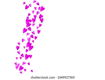 Heart frame background with pink glitter. Valentines day. Vector confetti. Hand drawn texture. Love theme for voucher, special business banner. Wedding and bridal template with heart frame.