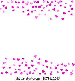 Heart frame background with pink glitter. Valentines day. Vector confetti. Hand drawn texture. Love theme for voucher, special business banner. Wedding and bridal template with heart frame.