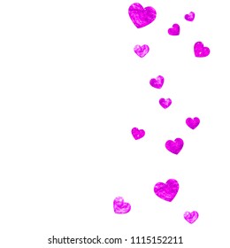 Heart frame background with pink glitter. Valentines day. Vector confetti. Hand drawn texture. Love theme for party invite, retail offer and ad. Wedding and bridal template with heart frame.