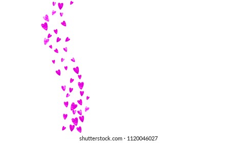 Heart frame background with pink glitter. Valentines day. Vector confetti. Hand drawn texture. Love theme for gift coupons, vouchers, ads, events. Wedding and bridal template with heart frame.