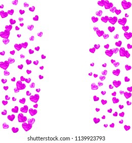 Heart frame background with pink glitter. Valentines day. Vector confetti. Hand drawn texture. Love theme for party invite, retail offer and ad. Wedding and bridal template with heart frame.