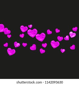 Heart frame background with pink glitter. Valentines day. Vector confetti. Hand drawn texture. Love theme for poster, gift certificate, banner. Wedding and bridal template with heart frame.