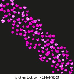 Heart frame background with pink glitter. Valentines day. Vector confetti. Hand drawn texture. Love theme for gift coupons, vouchers, ads, events. Wedding and bridal template with heart frame.