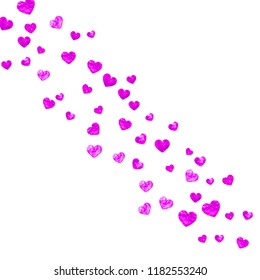 Heart frame background with pink glitter. Valentines day. Vector confetti. Hand drawn texture. Love theme for poster, gift certificate, banner. Wedding and bridal template with heart frame.