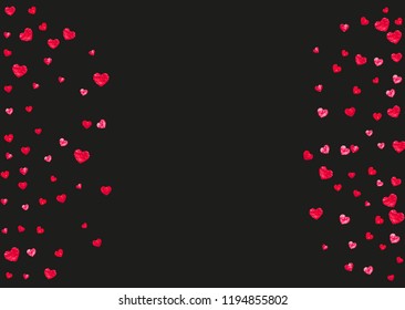 Heart frame background with pink glitter. Valentines day. Vector confetti. Hand drawn texture. Love theme for poster, gift certificate, banner. Wedding and bridal template with heart frame.