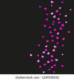 Heart frame background with pink glitter. Valentines day. Vector confetti. Hand drawn texture. Love theme for voucher, special business banner. Wedding and bridal template with heart frame.
