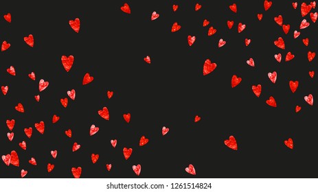 Heart frame background with pink glitter. Valentines day. Vector confetti. Hand drawn texture. Love theme for poster, gift certificate, banner. Wedding and bridal template with heart frame.