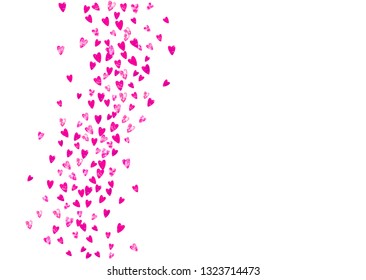 Heart frame background with pink glitter. Valentines day. Vector confetti. Hand drawn texture. Love theme for poster, gift certificate, banner. Wedding and bridal template with heart frame.