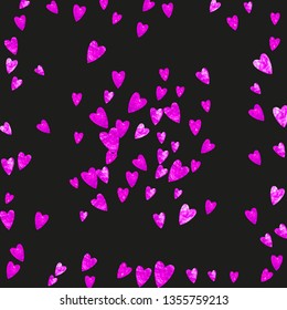 Heart frame background with pink glitter. Valentines day. Vector confetti. Hand drawn texture. Love theme for gift coupons, vouchers, ads, events. Wedding and bridal template with heart frame.