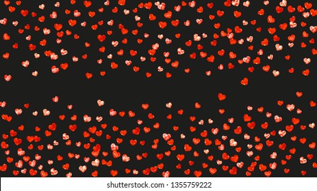 Heart frame background with pink glitter. Valentines day. Vector confetti. Hand drawn texture. Love theme for gift coupons, vouchers, ads, events. Wedding and bridal template with heart frame.