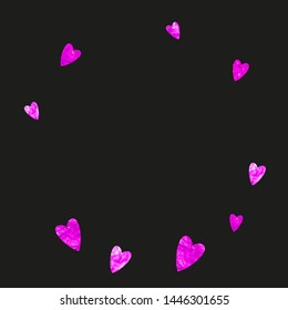 Heart frame background with pink glitter. Valentines day. Vector confetti. Hand drawn texture. Love theme for gift coupons, vouchers, ads, events. Wedding and bridal template with heart frame.
