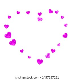 Fondo del marco cardíaco con brillo rosa. Día de San Valentín. Vector confetti. Textura dibujada a mano. Tema de amor para el afiche, certificado de regalo, pancarta. Plantilla matrimonial con marco cardíaco.