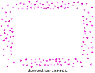 Heart frame background with pink glitter. Valentines day. Vector confetti. Hand drawn texture. Love theme for flyer, special business offer, promo. Wedding and bridal template with heart frame.
