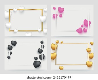 Heart frame banner luxury border with romantic decor element set design template vector illustration. Elegant flying love symbol with rectangle boundary for Saint Valentine's Day honeymoon wedding